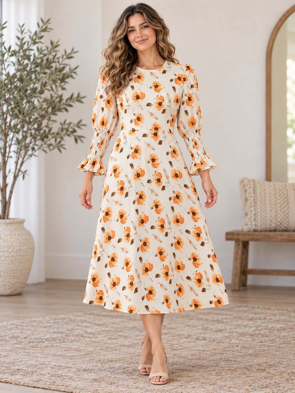 Böhme Floral Midi Dress Orange Yellow Ivory Smocked Cuffs Lined M